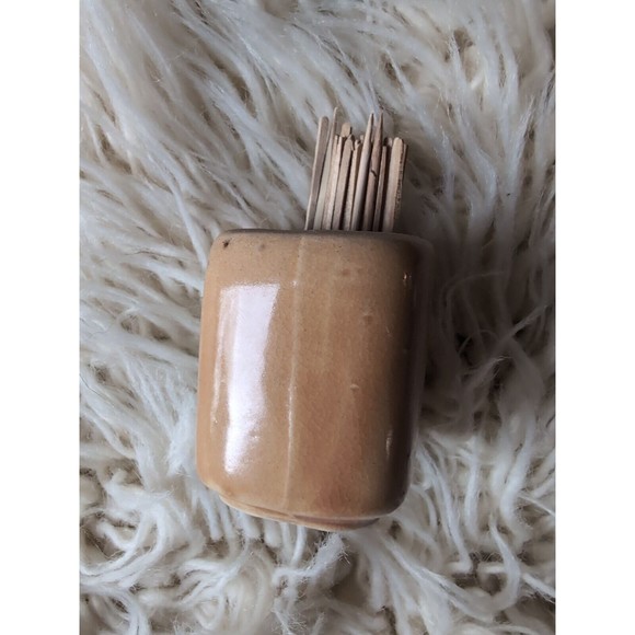 Vintage Mini Square Tan Mushroom Applique Toothpick Holder, Japan Enesco - Picture 2 of 8